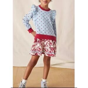 Matilda Jane Light Blue Polka Dot Ruffle Top with Pink Trim